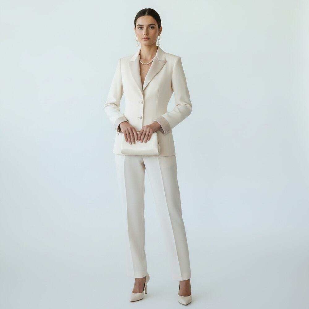 Vtg Albert Nipon Ivory Pantsuit | Satin Peak Lapel Formal Evening Bridal Sz 8